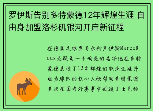 罗伊斯告别多特蒙德12年辉煌生涯 自由身加盟洛杉矶银河开启新征程